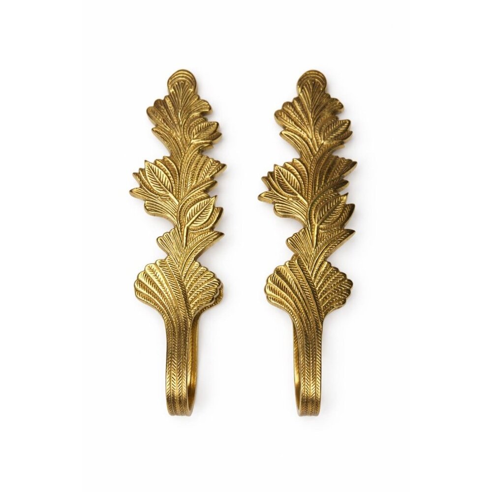 Curtain Tieback Solid Brass Elongated Leaf Pair Set Vintage Solid Brass Ornate F
